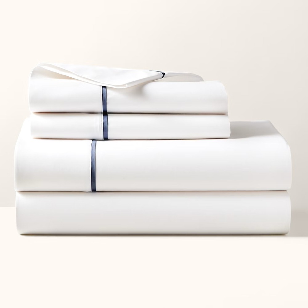 Ralph Lauren Palmer Percale Queen Flat Sheet Polo Navy Trim Organic Cotton NEW
